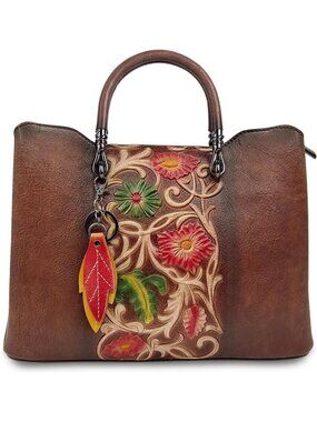 Coffee Genuine Leather Vintage Embossed Handbag - Artisanal Floral Crossbody